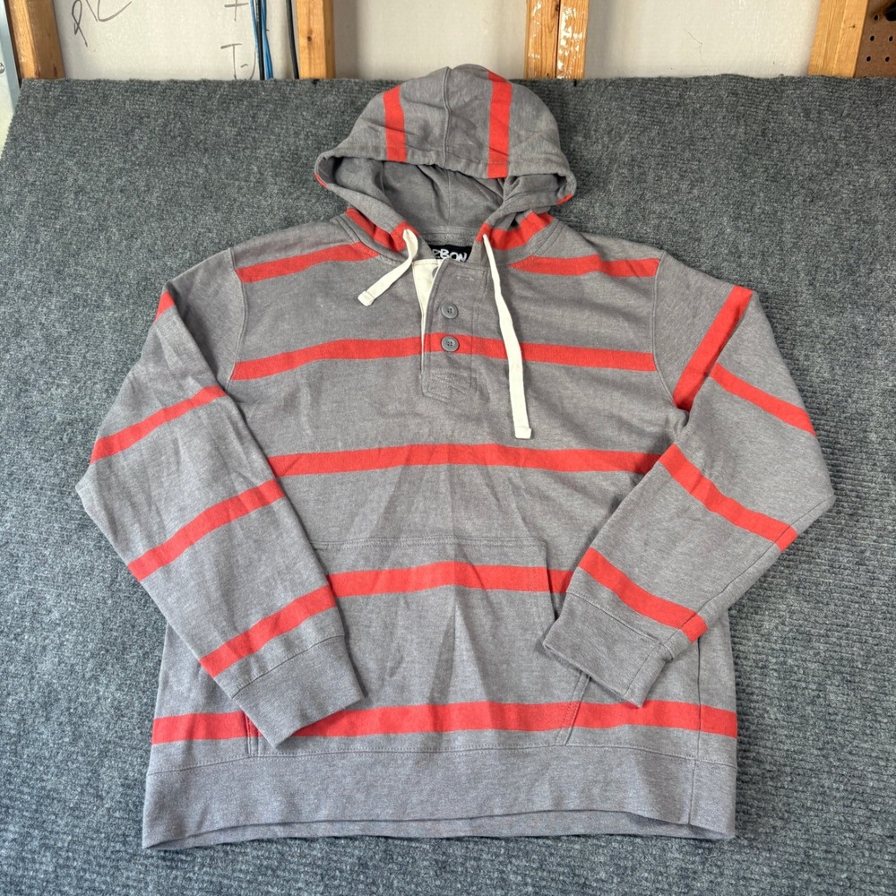 Carbon Mens XXL Gray Red Striped Henley Hoodie Fleece Pullover Sweatshirt 4257